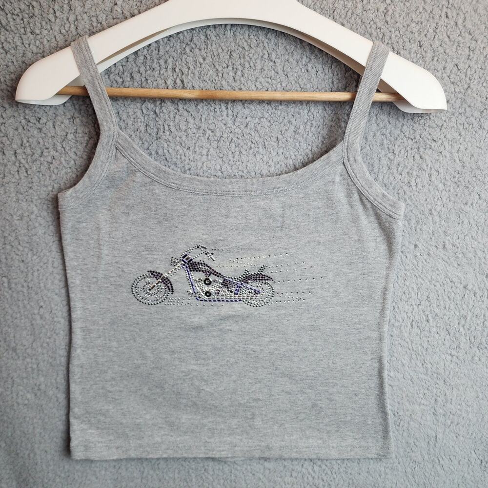 Bay Beauty Women's Gray XL Tank Top Motorcycle Rhinestone Design